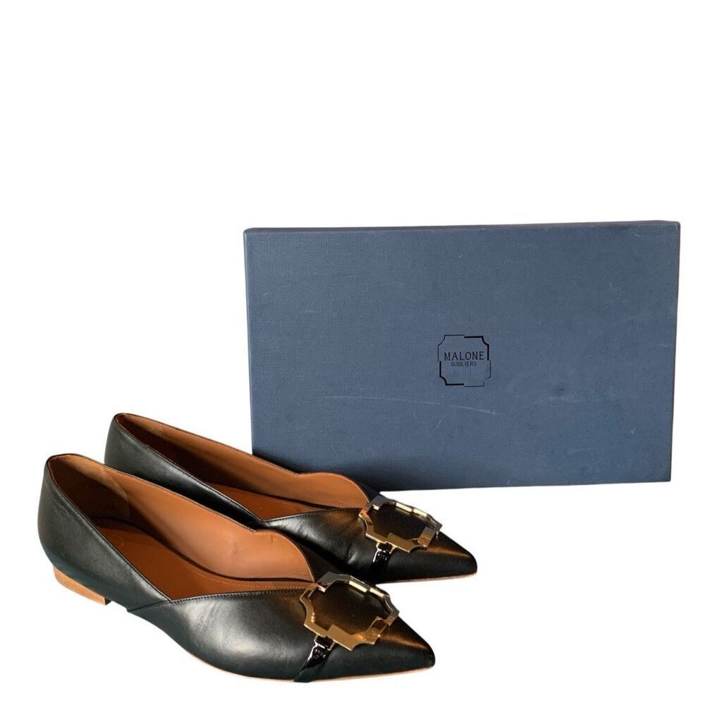 Malone Souliers Collina Leather Black Ballet Flats Shoes Sz 7.5 38 $575